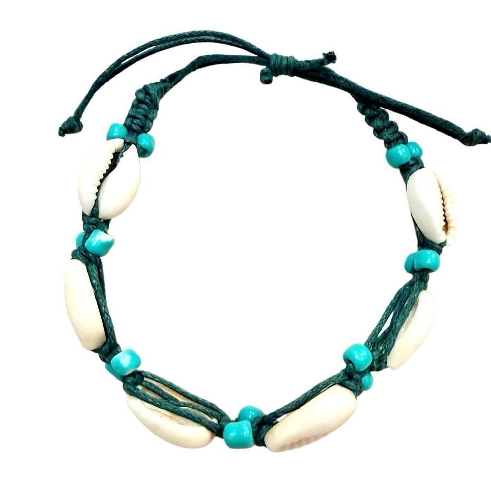 Vintage Pacsun Cowrie Shells Beaded Adjustable Slide Pull String Bracelet Green